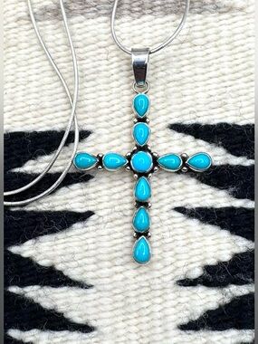 Coriz Santo Domingo Native American Sterling Silver Turquoise Cross Necklace